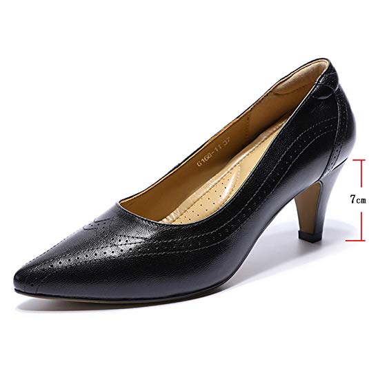 Mona Flying Womens Leather Pointed Toe Dress Pumps Heels Shoes 7cm Mid Heel