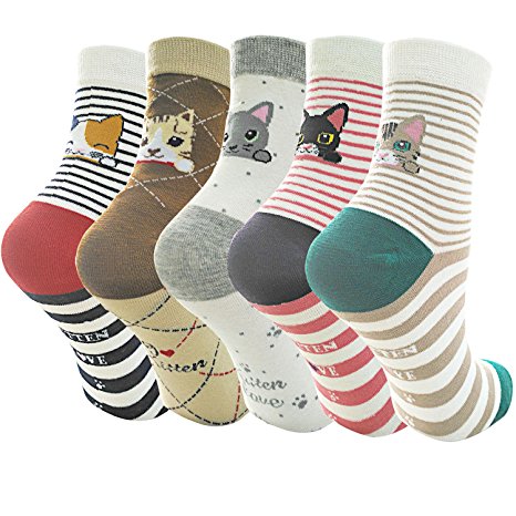 5 Pairs Womens Cute Animal Socks, Fun and Cool 100% Cotton Art Socks