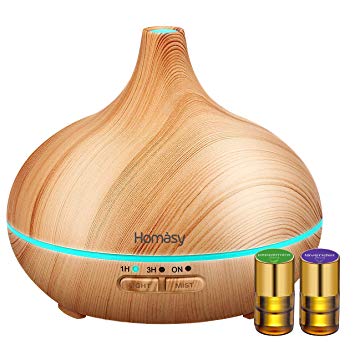 Homasy 150ml Mini Aroma Diffuser and Bloom Essential Oil Gift Set, 100% Pure Therapeutic Grade, Lavender, Peppermint (2ml/bottle), Ultrasonic Wood Grain Cool Mist Humidifier for Office Home Room Study Yoga Spa