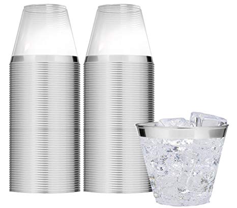 Elegant Silver Rimmed 9 Oz Clear Plastic Tumblers Fancy Disposable Cups with Silver Rim Prefect for Holiday Party Wedding and Everyday Occasions (100 Pack)