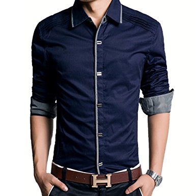 iPretty Men's Fashion Slim Fit Contrast Dress Shirt Long Sleeve Casual Shirts