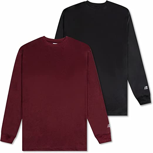 Russell Athletic Mens Long Sleeve Tee Shirts for Men, Mens Shirts Pack of 2, Black/Burgandy, X-Large Tall