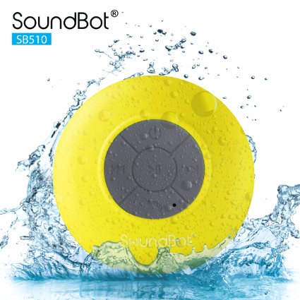 SoundBot® SB510 HD Water Resistant Bluetooth 3.0 Shower Speaker, Handsfree Portable Speakerphone with Built-in Mic, 6hrs of playtime, Control Buttons and Dedicated Suction Cup for Showers, Bathroom, Pool, Boat, Car, Beach, & Outdoor Use, Yellow