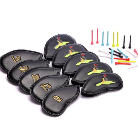 Golf Club Headcovers 30 Golf Tees This is a Set of 10 High Quality PU Leather Golf Iron Club Covers Featuring Stylish 3D Embroidery Suitable for Right and Left Handed Ladies and Gentlemens Clubs