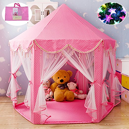 100% Cotton Fabric Extra Thick Pink Hexagon Princess Castle with Beading Decoration Cute Indoor Kids Play Tent Outdoor Girls Playhouse with 23ft LED Star String Lights,55"(Diameter)×53"( Height)