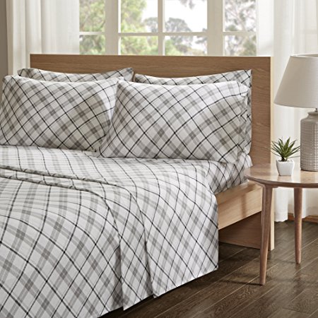 Comfort Spaces - Ultra Soft And Cozy Printed Plaid 100% Cotton Flannel Sheet Set - 6 Piece - Full - Grey - Includes 1 Fitted Sheet, 1 Flat Sheet and 4 Pillow Cases