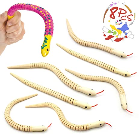 Natural Unfinished Wooden Wiggly Snakes - 12” Flexible Timber Snake - Blank Canvas - Great for Arts and Crafts - Themed Birthday Party Supplies, Halloween Prop - Animal Model Crafts Toys with 8 Pcs