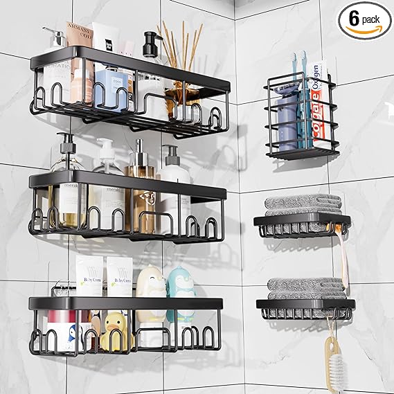 Veken Shower Caddy 6 Pack,Adhesive Bathroom Shower Organizer for Bathroom Storage&Home Decor&Kitchen,No Drilling,Large Capacity, Rustproof Stainless Steel Shower Shelves Rack for Inside Shower, Black