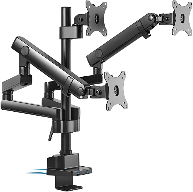 TechOrbits Three Monitor Stand Mount - Triple Computer Screen Desk Mount Arms - Full Motion Swivel Articulating Mechanical Arms with Two USB Ports- Universal Fit for 17" - 27" Screens Vesa