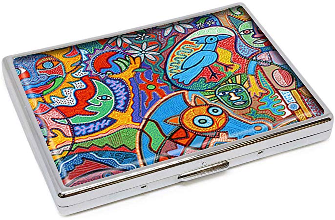 Kid Drawing Art Painting Aztec Pattern Fashion Silver Stainless Steel Cigarette Cases Holder Cigarettes Box Storage Case Stylish ID Credit Card Wallet Protective Cover