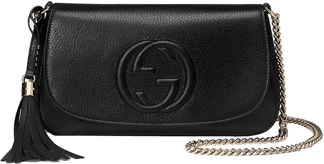 Gucci Soho Leather Flap Shoulder Bag Black Gold Tassel New Authentic