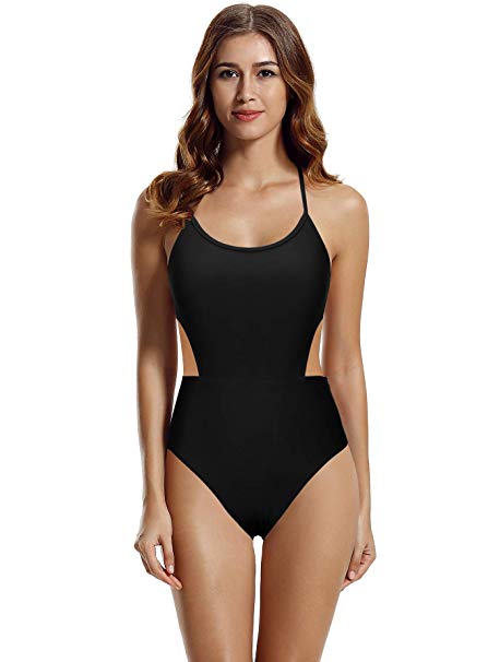 zeraca Women's Strappy Cross Back High Waisted One Piece Monokini Bathing Suit