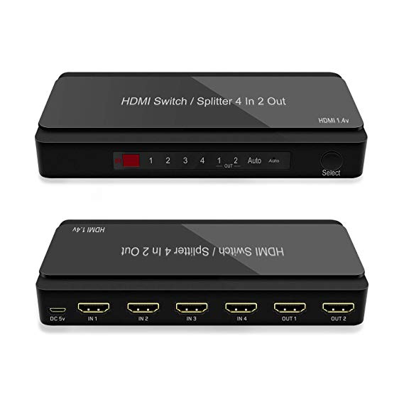 4 Port HDMI Switcher, 4 in 2 Out HDMI Switch with Remote and PIP Function Support 4k@30hz, 3D and Auto/Not Auto Function Compatible for Roku, PS3, PS4, Xbox, Apple TV DVD (4 in 2 Out HDMI Splitter)