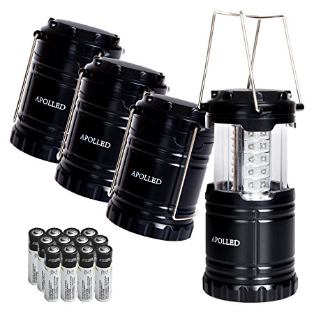 LED Lantern, APOLLED 4 Pack Portable Outdoor 30 LED Ultra Bright Waterproof Camping Lantern with 12 AA Batteries for Hiking, Camping, Emergencies (Black, Collapsible)