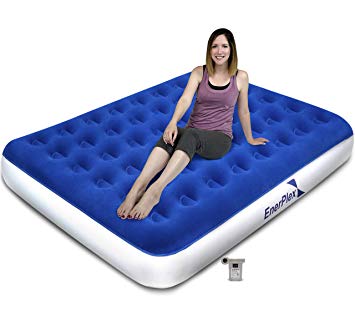 EnerPlex Never-Leak Camping Series Queen Camping Airbed with High Speed Pump Luxury Queen Size Air Mattress Single High Inflatable Blow Up Bed for Home Camping Travel 2-Year Warranty – Blue/White