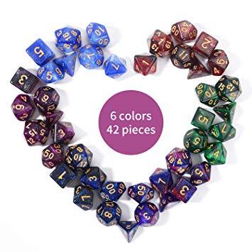 FLASHOWL Starry Sky Polyhedral Dice Set Table Games Dice 6 Sets Dice 6 x 7 Die Series D20, D12, D10, D8, D6, D4 DND dice DND RPG MTG Double Colors One Piece, 6 Sets with 6 Colors (42 Pieces)