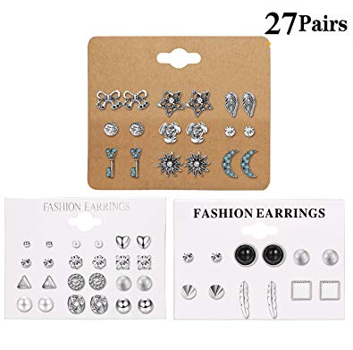 LOLIAS 27 Assorted Multiple Studs Earring Set for Women Girls Bohemia Retro Vintage Style Earrings Card pack