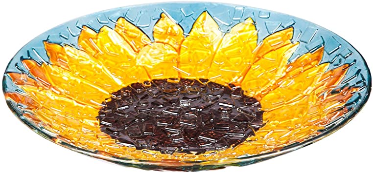 Evergreen Garden Beautiful Summer Sunflower Crushed Glass Bird Bath - 18 x 18 x 3 Inches Fade and Weather Resistant Outdoor Decoration