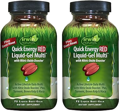 Irwin Naturals Quick Energy RED Liquid-Gel Multi - 72 Liquid Soft-Gels, Pack of 2 - With Nitric Oxide Booster & Super Foods - 72 Total Servings