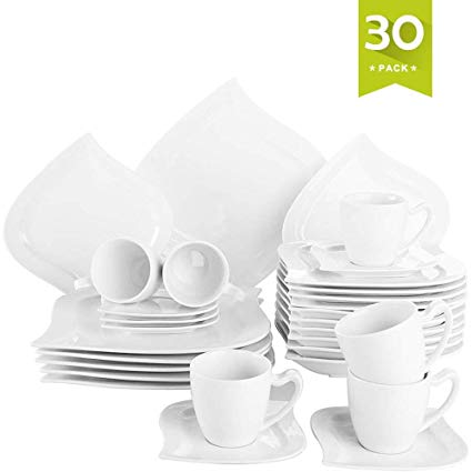Malacasa 30 Pieces Dinnerware Set Square Dishes White; Includes 6 Dinner Plates 6 Soup Plates 6 Dessert Plates, 6 Mugs, and 6 Saucers, Service for 6, Series Elvira