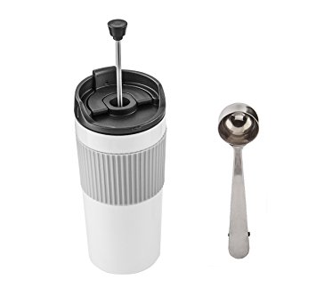 Stainless Steel French Press Insulated Travel Mug with Coffee Measure Bag Clip Scoop and Spill Proof Lid (12 OZ, White)
