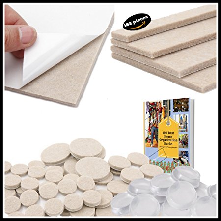 PREMIUM QUALITY- The ONLY Pack of 182 bundle Felt Furniture Feet pads-FREE 50 Non Slip Noise Dampening Bumper Pads Rubber-Self Stick Adhesive for Hardwood laminate Wood floor and other by Fine Clutter
