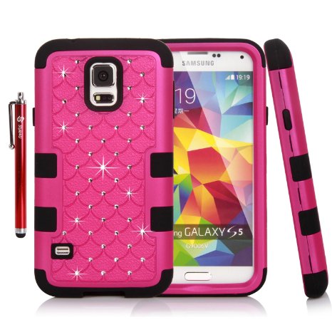 Galaxy S5 Case, Style4U Studded Rhinestone Crystal Bling Hybrid Armor Case Cover for Samsung Galaxy S5 SM-G900 with 1 Case Opening Tool, 1 HD Screen Protector and 1 Stylus [Hot Pink / Black]