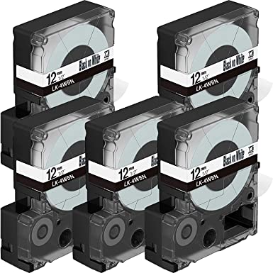 SIKOT LK-4WBN 5-Pack SS12KW 12MM Cartridge with Label Tape, Black on White,Compatible for Epson LabelWorks LC LW-400, LW-300, LW-600P, LW-700 Portable Label Printer,26' Length 1/2" Width