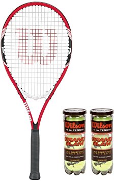 Wilson Federer Adult Strung Tennis Racket, Grip Size: 4 3/8 w/ Six Tennis Balls