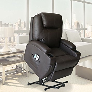 U-MAX Massage Chair Power Lift Recliner Wall Hugger PU Leather heated Vibration with Wheels 2 Controls (Brown)