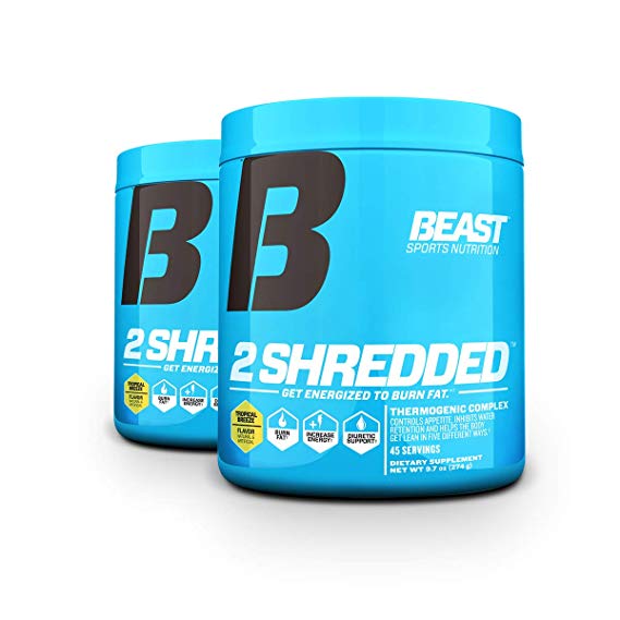Beast Sports Nutrition 2 Shredded: Thermogenic Powder, Metabolism Booster, and Appetite Suppressant | Best Fat Burner for Weight Loss and Reduced Water Retention, 45 Servings, 2 Pack (Tropical Breeze)