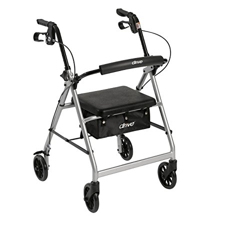 Drive Medical Aluminum Rollator Walker Fold Up and Removable Back Support, Padded Seat, 6" Wheels, Silver