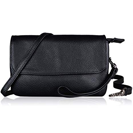 Befen Women Leather Wristlet Clutch Purse Cell Phone Wallet, Mini Cross Body Bag with Shoulder Strap/Wrist Strap/Card Slots for iPhone 8/7 Plus/Samsung Note 5 – Black