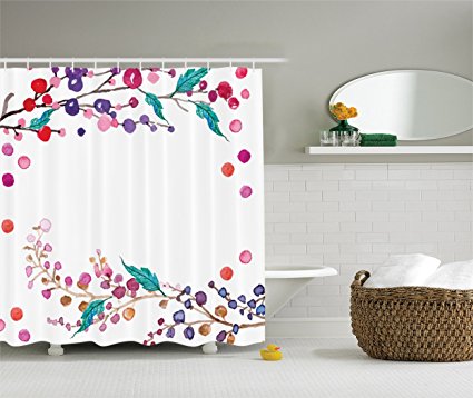 Ambesonne Watercolor Flower Decor Collection, Colorful Branches Floral Frame with Flowers Leaves Painting, Polyester Fabric Bathroom Shower Curtain Set, 84 Inches Extra Long, White Pink Blue Red