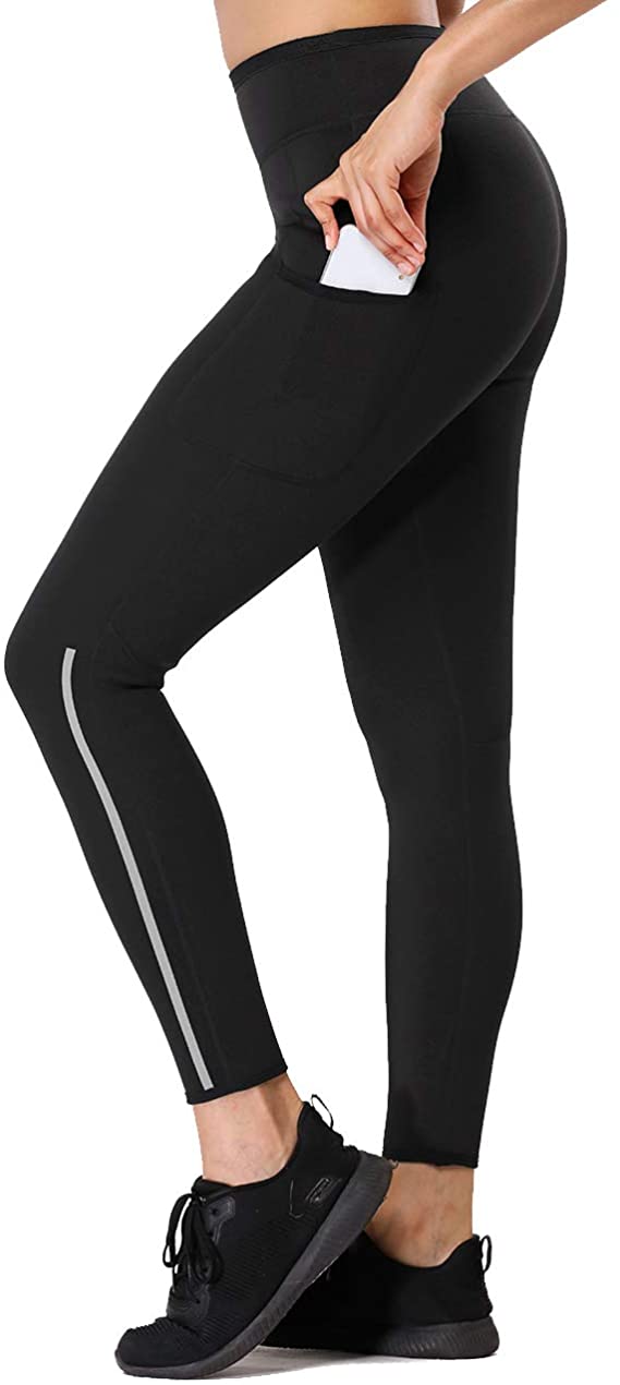 ALONG FIT Sauna Leggings for Women with Side Pockets Sweat Workout Slimming Pants Reflective Strips Night Running
