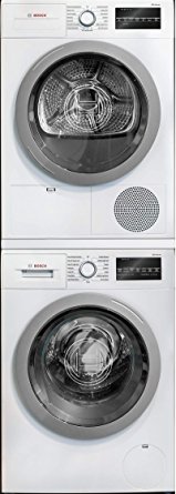 Bosch 500 Series White Front Load Compact Stacked Laundry Pair with WAT28401UC 24" Washer, WTG86401UC 24" Electric Condensation Dryer and WTZ20410 Stacking Kit