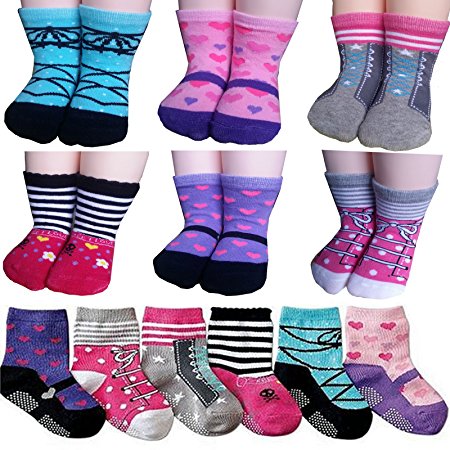 BSLINO Assorted 6 Pairs 12-24 Months Baby Girl Toddler Socks Non-Skid Anti Slip Stretch Knit Grips Cotton Shoe Socks Slippers   Thank you Card (Multicolor)