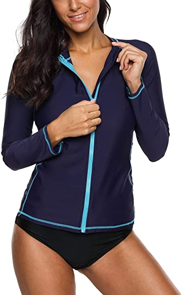 ATTRACO Women's Zip Front Long Sleeve Rash Guard Top Sun Protection Swim Shirt