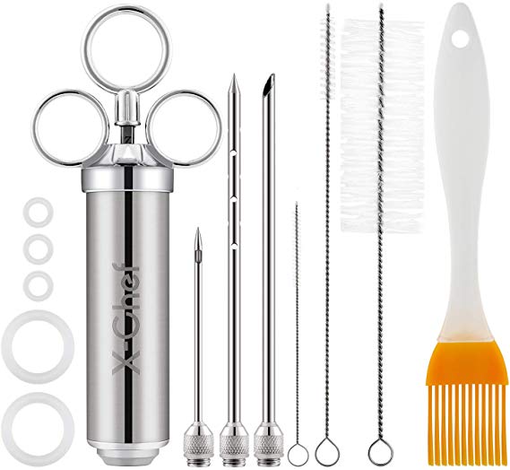 X-Chef Meat Injector Syringe, Stainless Steel Turkey Marinade Injector for Food Flavor BBQ Grill Smoker with 2oz Capacity Barrel 3 Professional Needles, 3 Cleaning Brushes, 5 O-Rings & Silicone Brush