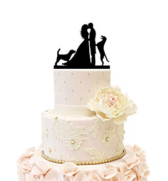 Wedding Anniverary Cake Topper Silhouette Bride Groom with 2 Dogs (Black)