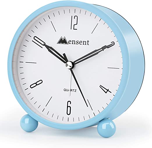 Alarm Clock.Mensent 4 inch Round Silent Analog Alarm Clock Non Ticking,with Night Light, Battery Powered Super Silent Alarm Clock, Simple Design Beside/Desk Alarm Clock (Sky Blue)