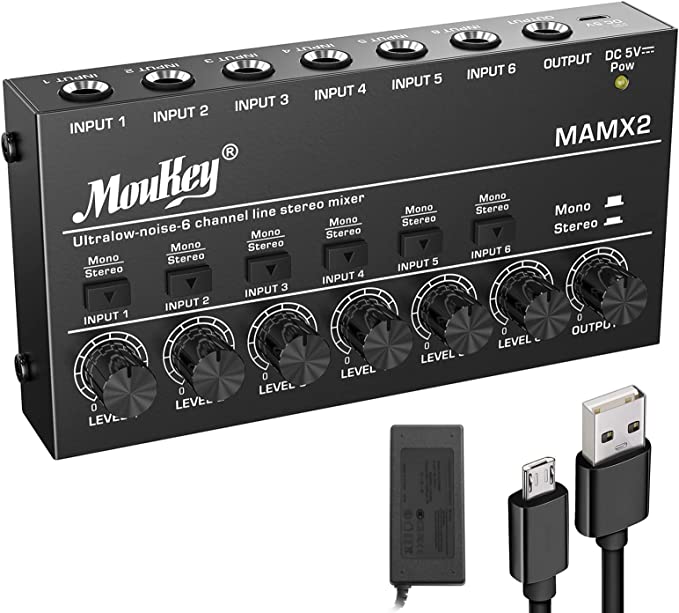 Moukey Audio Mixer Line Mixer, DC 5V, 6-Stereo Ultra, Low-Noise 6-Channel for Sub-Mixing, Ideal for Small Clubs or Bars, As Guitars, Bass, Keyboards Mixer, 2021 New Version-MAMX2