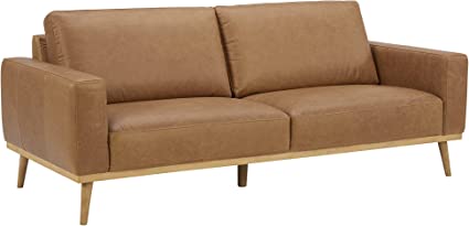 Amazon Brand – Rivet Modern Leather Sofa Couch with Wood Base, 84"W, Cognac