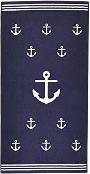 Arus Jacquard Woven Turkish Terry Cotton Beach Towel, Anchor, Marine, 36x64