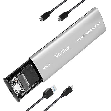 Verilux® M.2 NVMe SSD Enclosure Aluminum Case External SSD Enclosure USB 3.2 Gen 2 10Gbps Tool-Free M.2 SSD Enclosure with Type C Cable Supports M and B&M Keys and Size 2230/2242 /2260/2280 SSDs