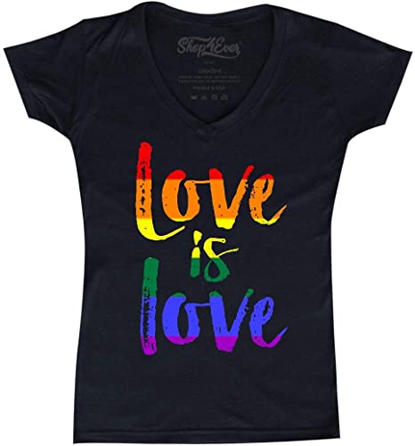 shop4ever Love is Love Women's V-Neck T-Shirt Gay Pride Shirts Slim FIT