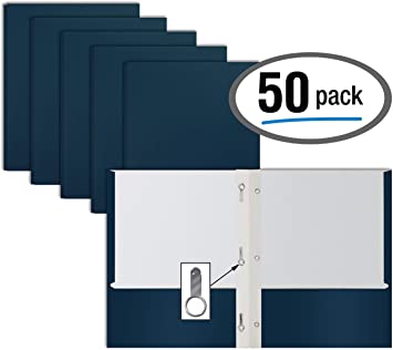 Navy Blue Paper 2 Pocket Folders with Prongs, 50 Pack, by Better Office Products, Matte Texture, Letter Size Paper Folders, 50 Pack, with 3 Metal Prong Fastener Clips, Dark Blue