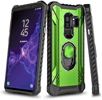 NageBee Case for Samsung Galaxy S9  Plus, Aluminum Metal Built-in Magnetic Ring Stand, Full-Body Protective Shockproof Military Cover Bumper Case -Green