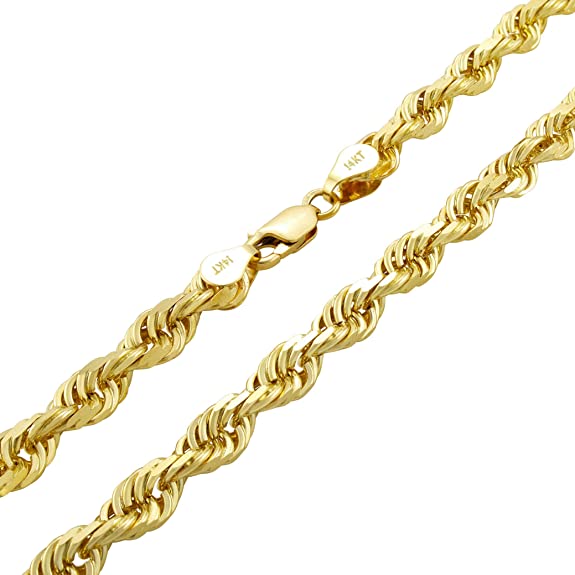 Nuragold 14k Yellow Gold 6mm Solid Rope Chain Diamond Cut Necklace, Mens Jewelry Lobster Lock 20" 22" 24" 26" 28" 30"