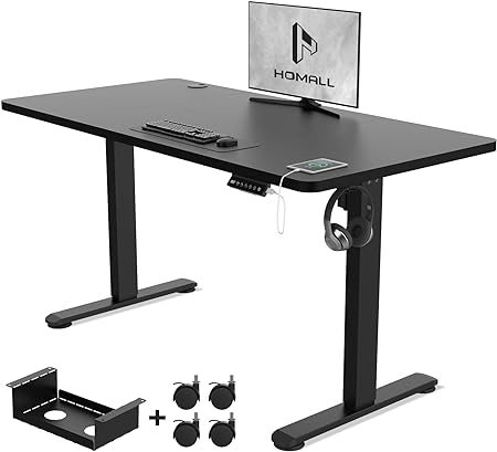 Homall Electric Standing Desk 120x60cm Height Adjustable Desk Sit Stand Desk with Time Reminder Stand up Desk 3 Memory Setting Electric Desk Wire Management Tray,Black